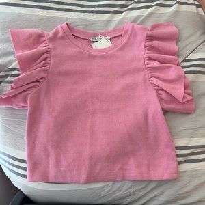 Zara bubble gum pink rubbed preppy cropped ruffle top in size small